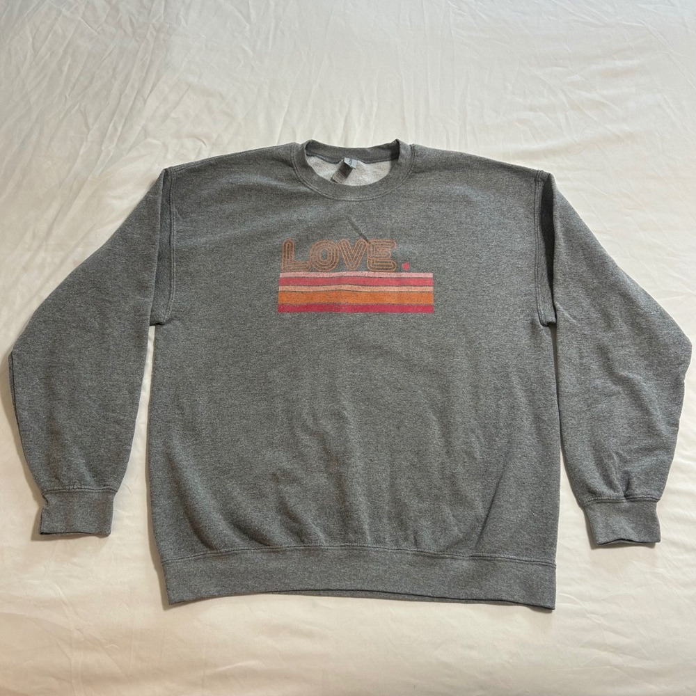 Gildan‎ Heavy Blend Love Graphic Sweatshirt Gray Retro Sunset Stripe Pullover L